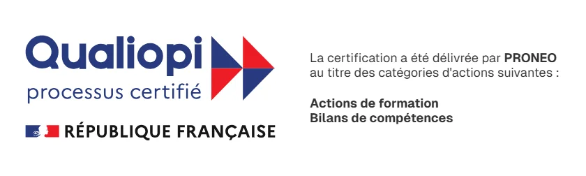 Certification Qualiopi — processus certifié, République Française. Délivrée par Pronéo certification au titre des actions de formation et bilans de compétences.